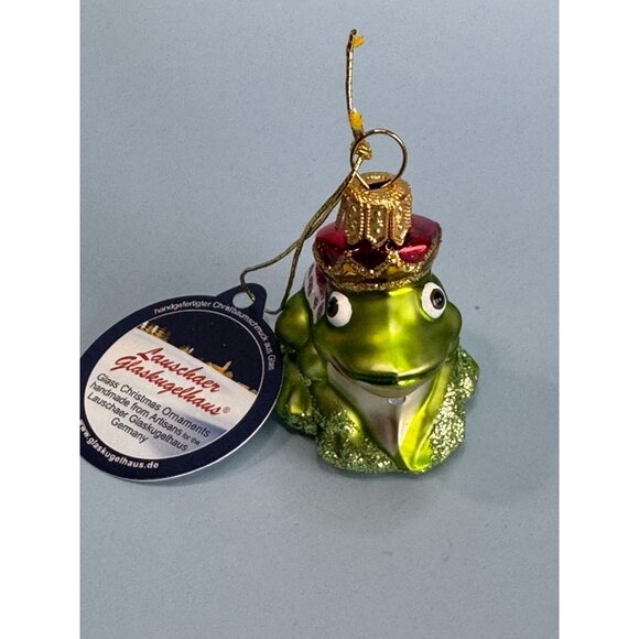 Handcrafted Lauschaer Glass Frog Christmas Ornament 2 1/4" High With Crown & Red - Picture 3 of 8